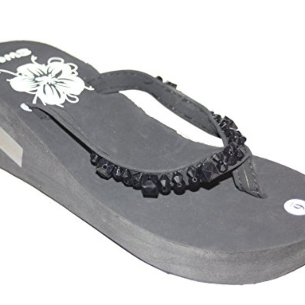 Womens Black Beaded Wedge Flip Flops NEW